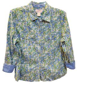 Coral Bay Petite Large Floral Button Down, Adjustable LS 100% Cotton Blouse